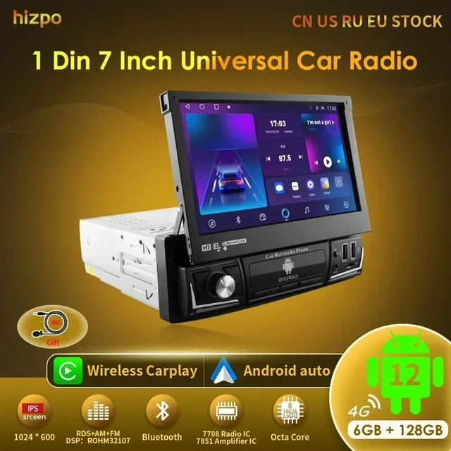 Hizpo-Autoradio 1 Din Android 12, IPS 7 ", manuel, rétractable, limitation  d'écran, lecteur vidéo, Carplay, universel, audio, GPS, pas de DVD -  AliExpress