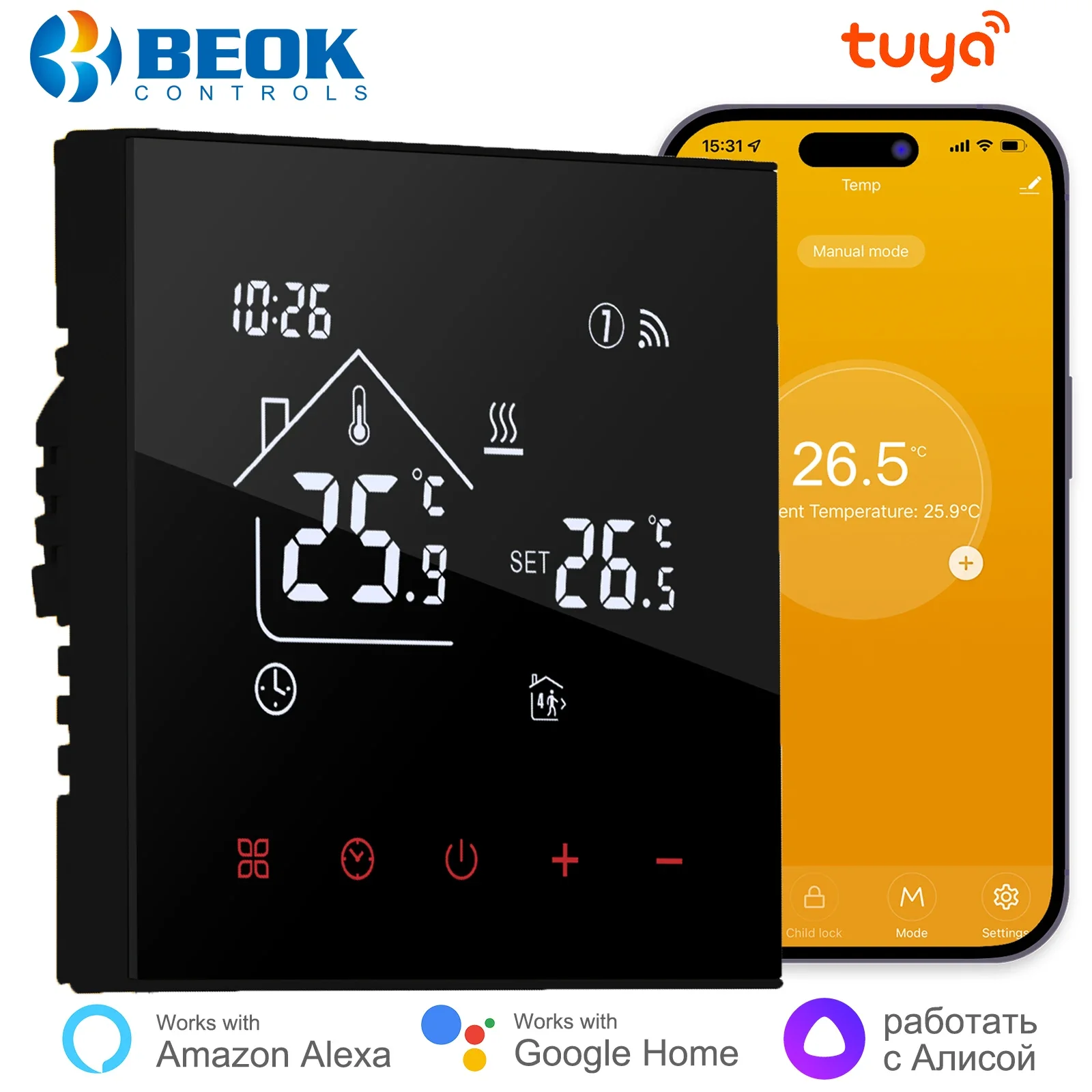 เทอร์โมสตัทอัจฉริยะ Beok Tuya แบบ WiFi สำหรับควบคุมอุณหภูมิวาล์วควบคุมความร้อนพื้นแบบน้ำร้อน รองรับ Google Home, Alexa และ Alice 1