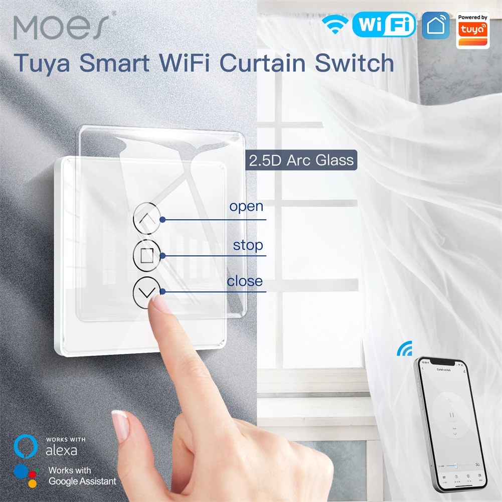 MOES-Interruptor de cortina táctil para persianas enrollables, dispositivo  inteligente con WiFi, RF433, 2.5D, compatible con Smart Life/Tuya, Alexa y  Google Home