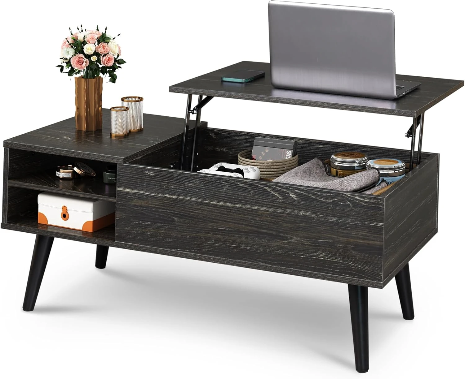 Coffee Table with Hidden Compartment and Adjustable Storage Shelf, Lift Tabletop Dining Table for Home Living Room, Office 3