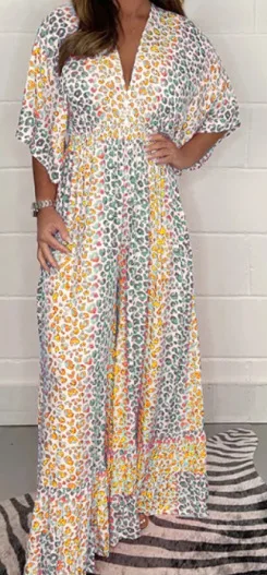 Sexy V Neck Backless Jumpsuits Romper Women 2023 Summer Casual Loose Playsuit Elegant Half Sleeve High-Waisted Print Jumpsuits