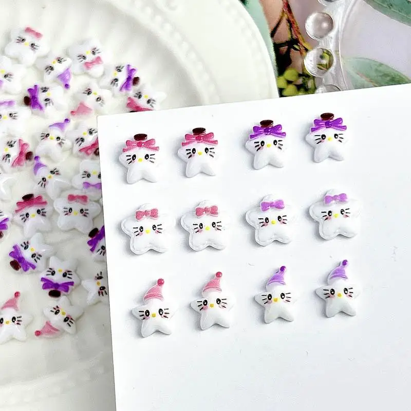 

50pcs Resin 3D Cartoon Bow Dtar Nail Charms Cute Creative Pentagram Cat Expression Nail Art Decorations for DIY Nail Accessories