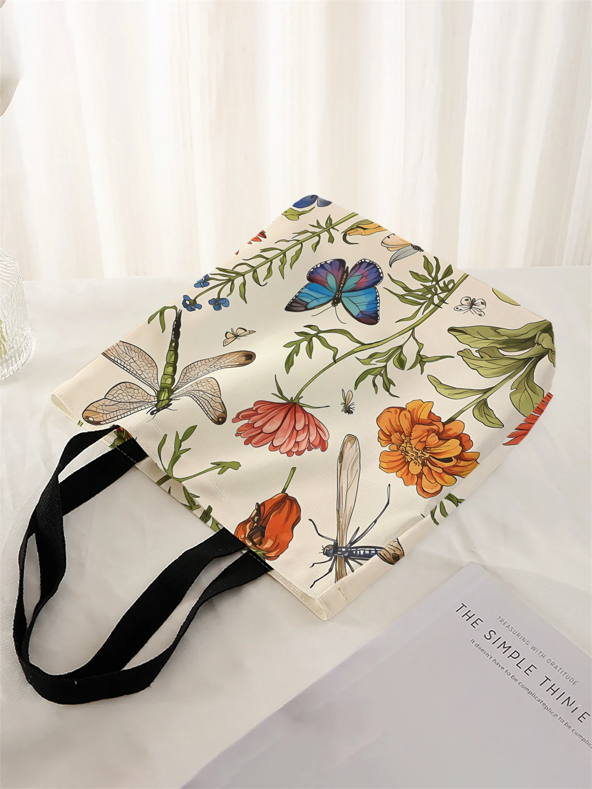1 piece, flower patterned handbag, reusable fashionable handbag, multifunctional handbag, printed canvas shopping bag