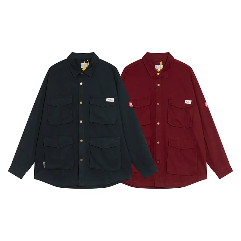 

Y2K Oversized Vintage Wax Dyed Wine Red Black Cav Empt CE Long Sleeve Shirts Men Women Tag Multi Pocket CAVEMPT Work Lapel Shirt