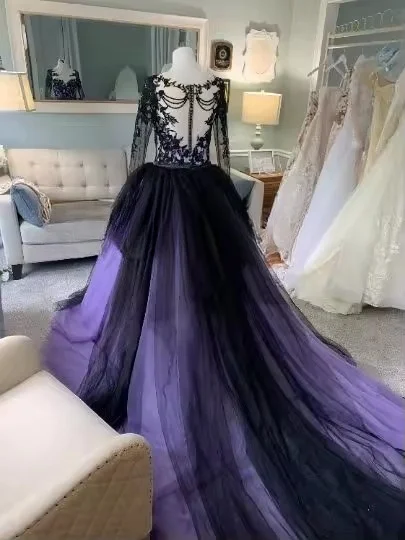 Black Purple Gothic Wedding Dresses Long Sleeve Jacket Lace Bustle Bridal  Gowns | eBay