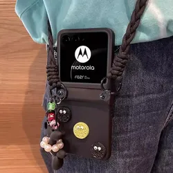 Luxury Crossbody Lanyard Hinge Phone Case with Cute Dog Pendant Decoration for MOTO Razr 50 (A)