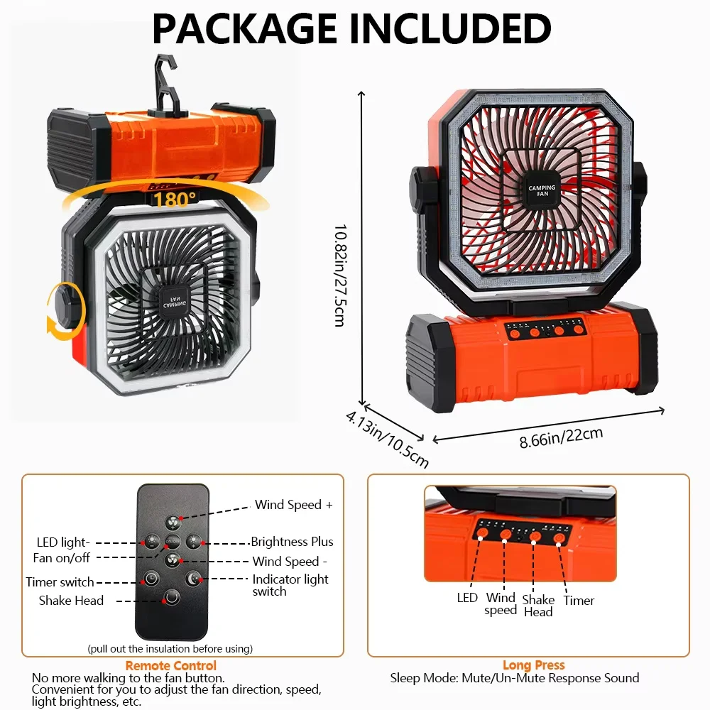 Outdoor Camping 20000mAh Rechargeable Fan With LED Lantern & Remote For Fishing Travel, 4 Speeds 8H Timer, Hanging Hook_voghion.com