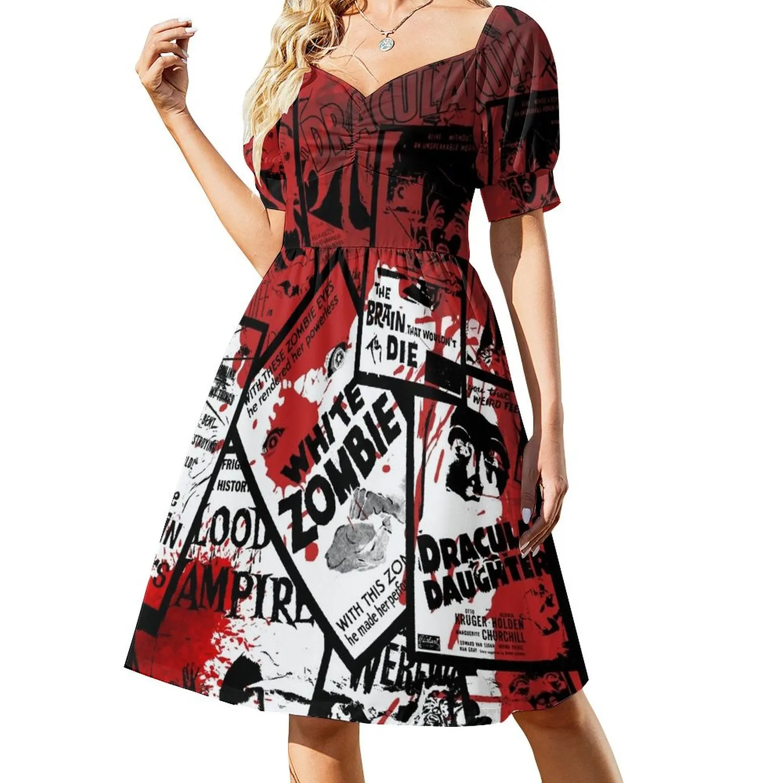 thumbnail image 1 of Vestido de vendaje de manga corta con sangriento, estilo collage de películas de terror clásicas vintage en blanco y negro para mujer, de verano., 1 of 7