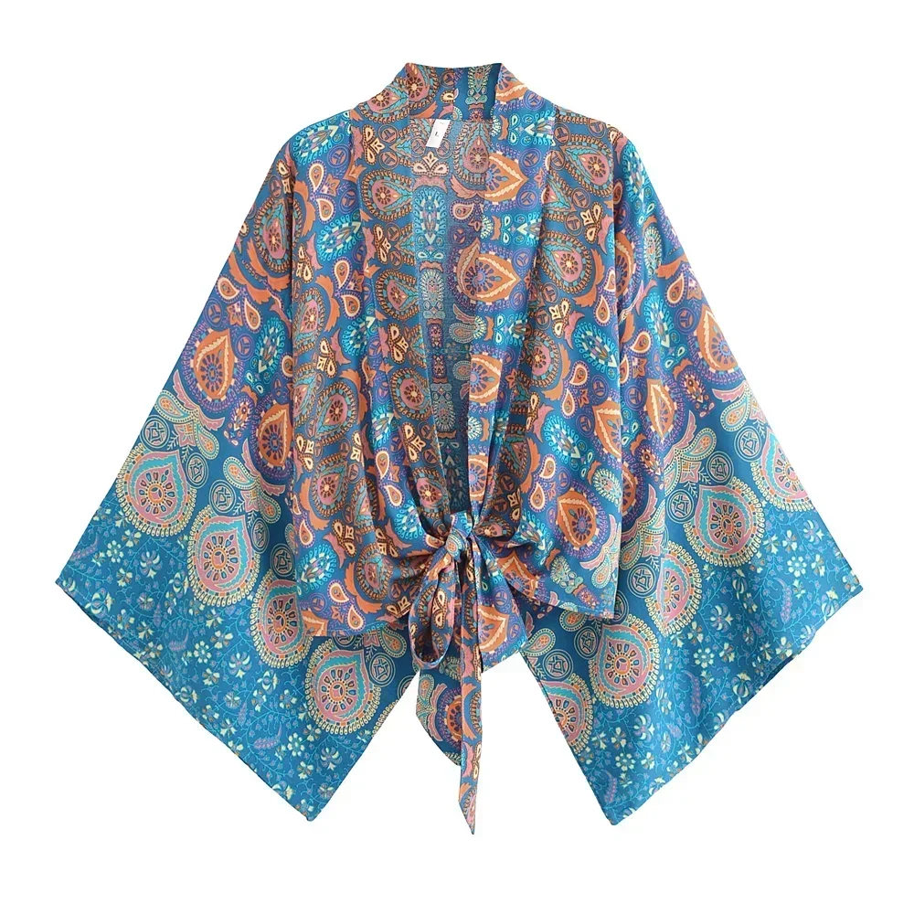 Happie Queens Women Fashion Kimono Short Robe 2025 Floral Batwing Sleeves Rayon Bohemian Bikini Cover Up Beachwear 3