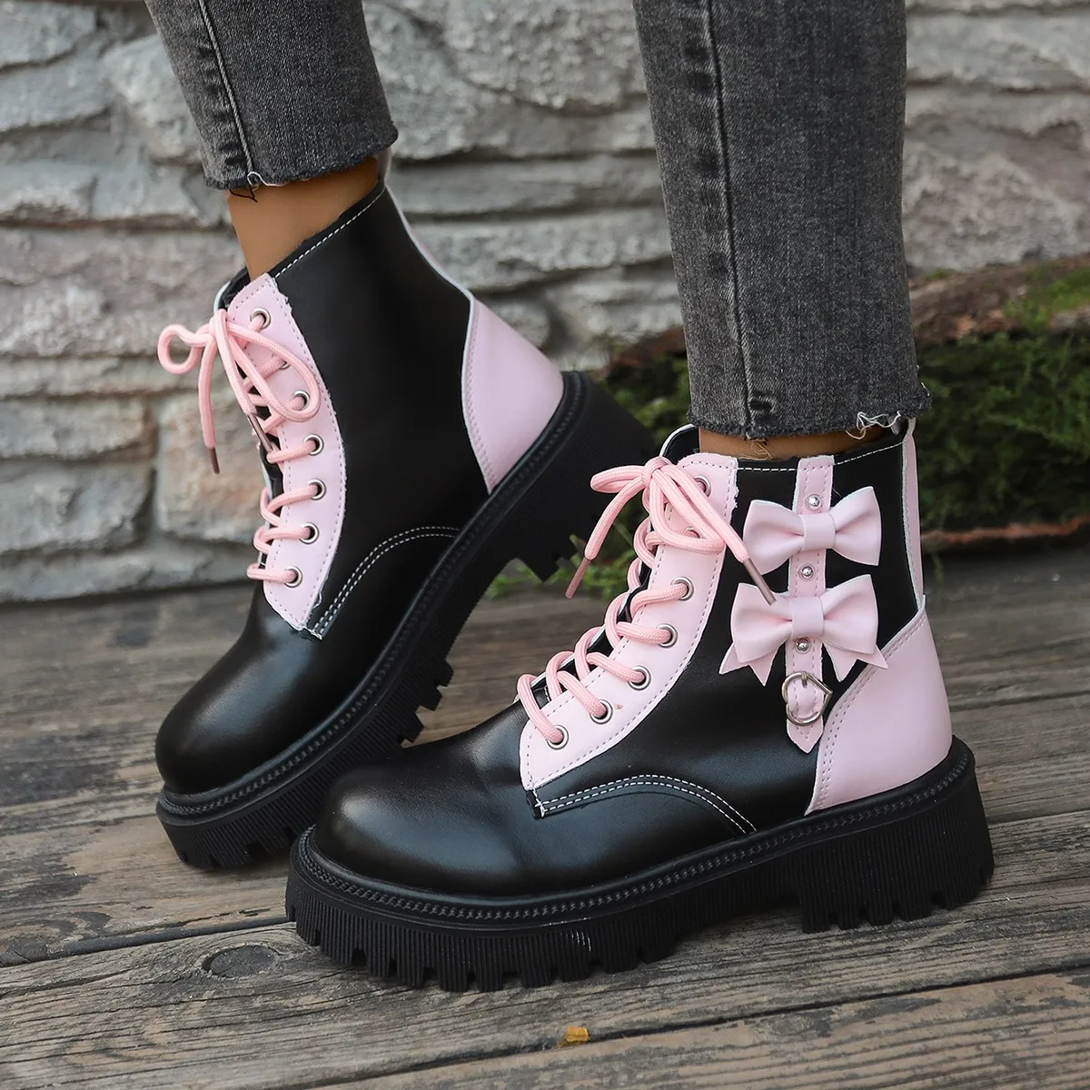 Sweet Pink Bowknot Mix Color Ankle Boots Women 2025 Autumn Thick Bottom Lace Up Boots Candy Punk Metal Decoration Booties Size42