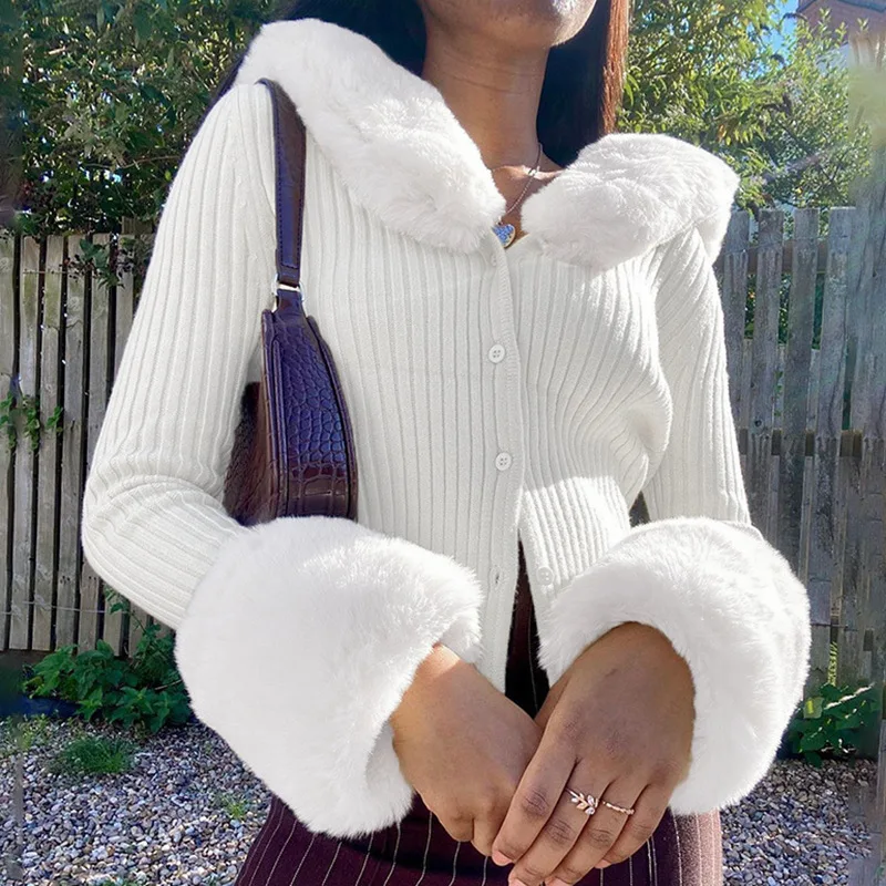 Autumn Winter Ribbed Knitted Cardigans Sweaters with Fur Trim