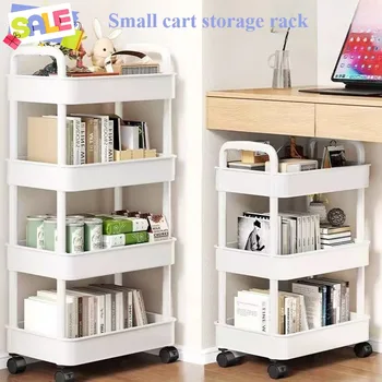 A white, multi-layer small rolling cart with open shelves, shown next to a sofa and holding books and a snack bowl.