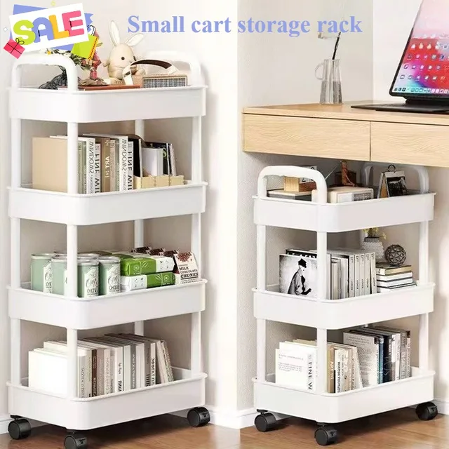 A white, multi-layer small rolling cart with open shelves, shown next to a sofa and holding books and a snack bowl.