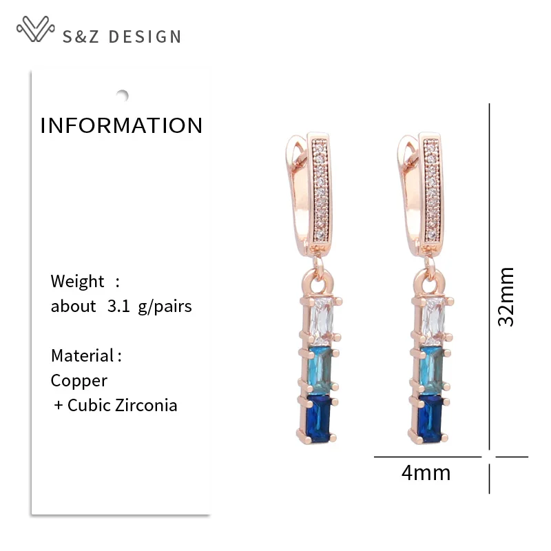 S&Z DESIGN New Fashion 585 Rose Gold Color Gradation Rectangle Cubic Zirconia Dangle Earrings For Women Simple Jewelry Gift