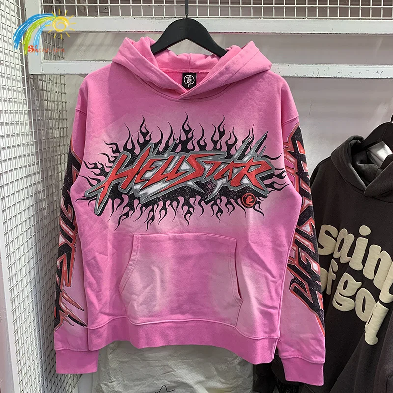 

23FW High Street Vintage Washed Pink Hellstar Hoodie Hooded Men Women Top Quality Cotton Flame Logo Print Pullovers Sweatshirts