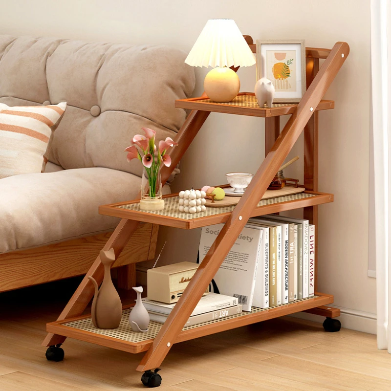 Removable Small Side Table 3-tier Bamboo Trolley with Wheels Shelves for Kitchen Bedroom and Living Room Coffee Table Furniture