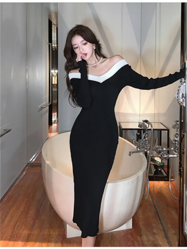 New Elegant Black Mid-length Full Sweater Dresses Women Sexy Off Slim Bodycon Party Evening Vestidos - Dresses - AliExpress