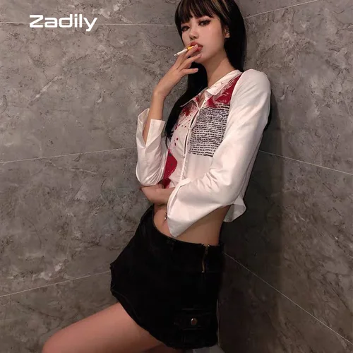 Y2K 2022 가을 스트리트 스타일 슬림 긴 소매 프린트 여성 짧은 셔츠, 섹시한 버튼 여성 자르기 탑 파티 블라우스 의류 신상 3