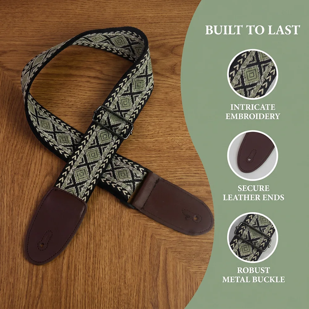 Embroidered Adjustable Guitar Strap with Leather Ends