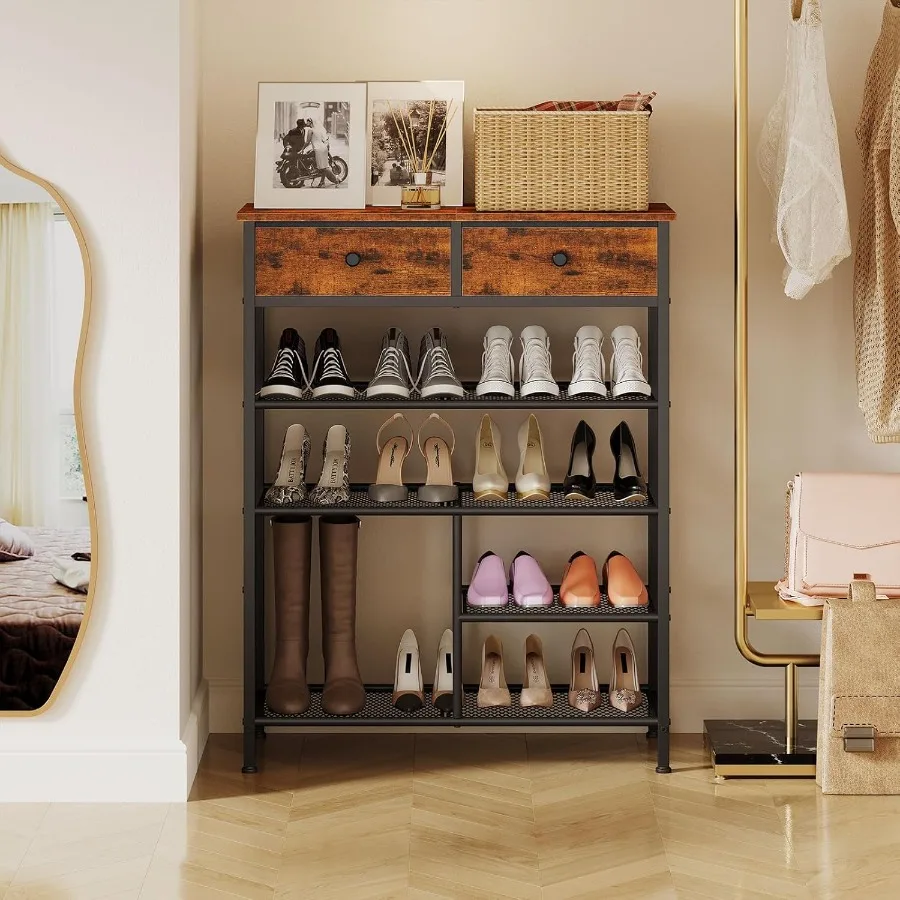 Shoe Rack 5 Tier Shoe Storage Organizer with 2 Drawers Shoe Storage Shelves with Sturdy Wooden Top and Metal Shelves Free Stand