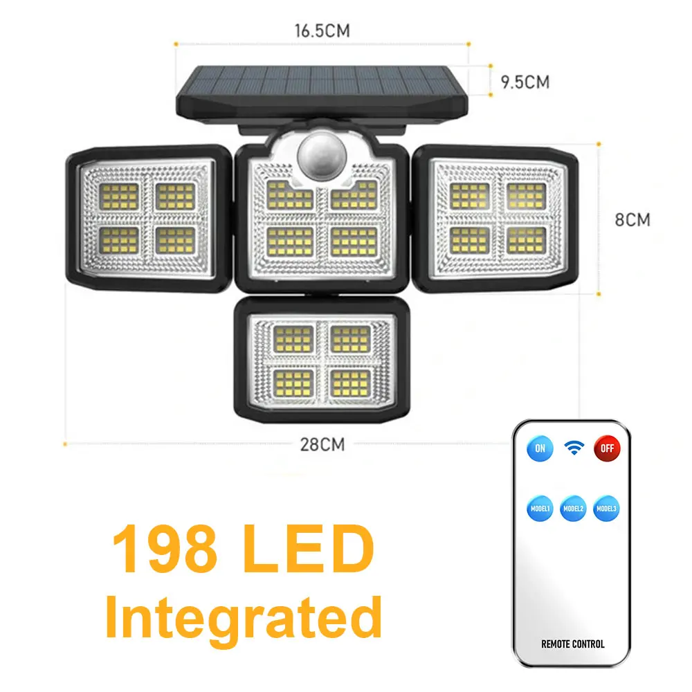 198LED Solar Light lamp Outdoor 3 Head Motion Sensor 270 Wide Angle Illumination Waterproof Remote Control Wall Lamp solar wall lights Solar Lamps