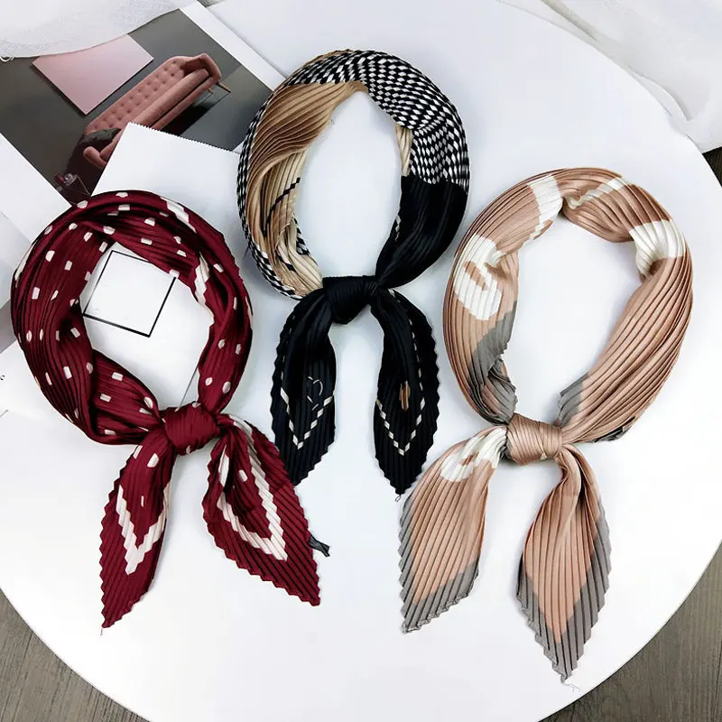 S2450b88173b04cf2a9bcaaa6324d1715k Korean Pleated Scarf Crinkle Small Square Scarf Decorative Silk Women Scarf Print Neck Scarves Elastic Hair Band Ribbon Wrinkle Mallzona