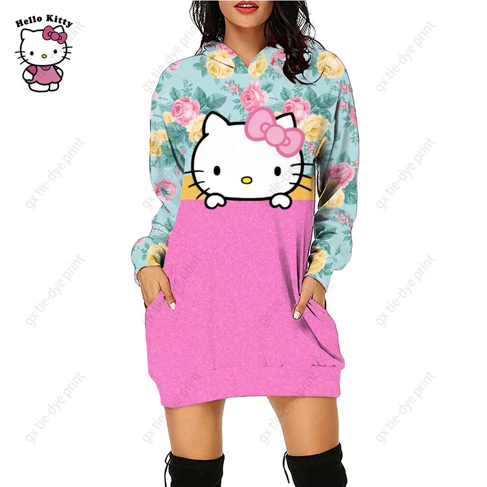 

S-5XL Women Korean Style Print Harajuku Oversized Sweatshirt Cartoon Clothes Autumn Hello Kitty Print High Quality Hoodie Dress