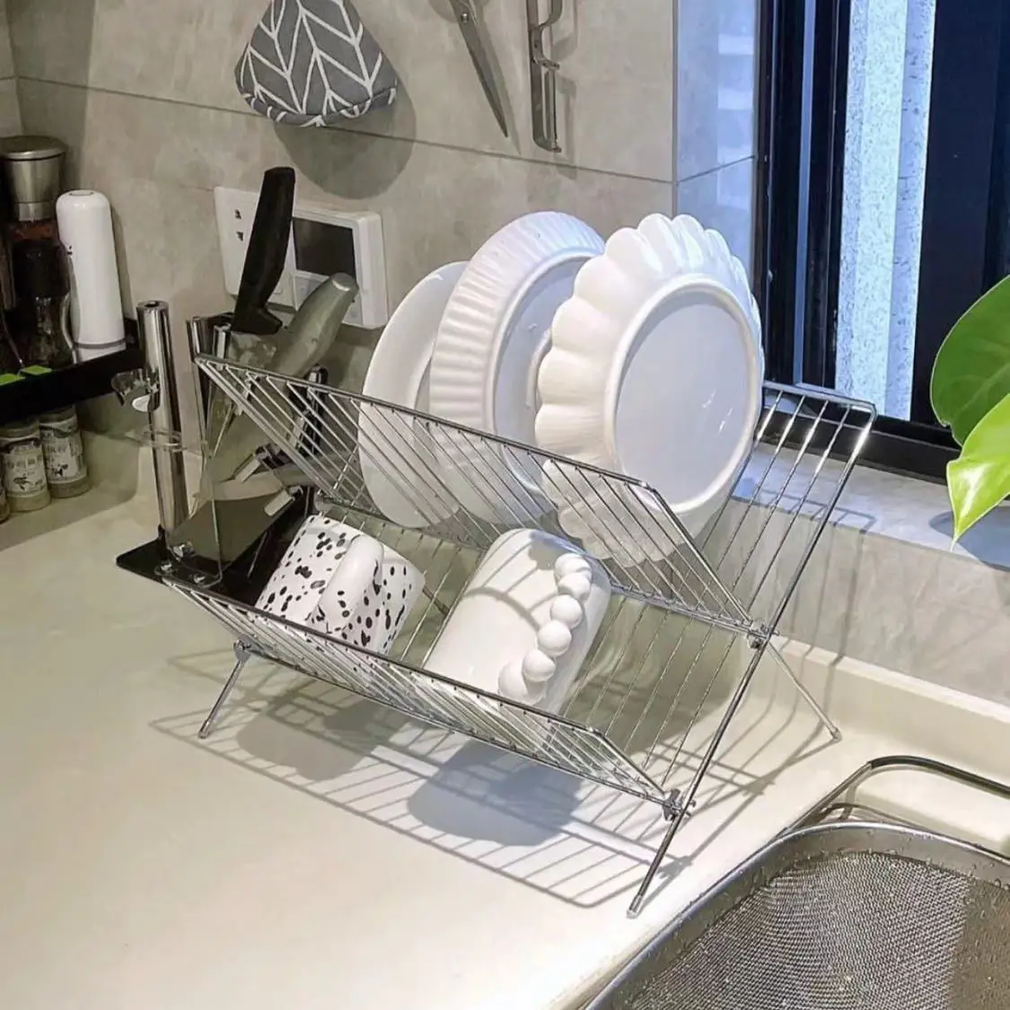 X-shaped foldable double layer drainage rack, kitchen countertop, water tray, kitchen dishes, chopsticks storage rack 4
