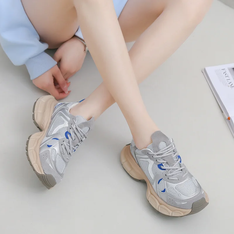 Fujin 5.5cm New Air Mesh Genuine Leather Platform Wedge Chunky Sneakers Shoes Breathable Women Summer Hollow Walking Mixed Color