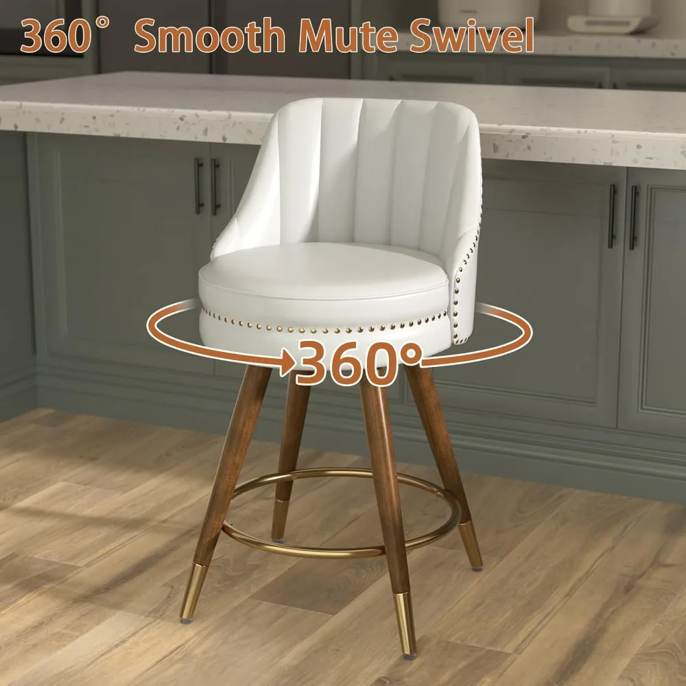 counter height bar stools set of 2, 24" leather white bar stools with backs, swivel counter stools with wooden legs for kitchen,