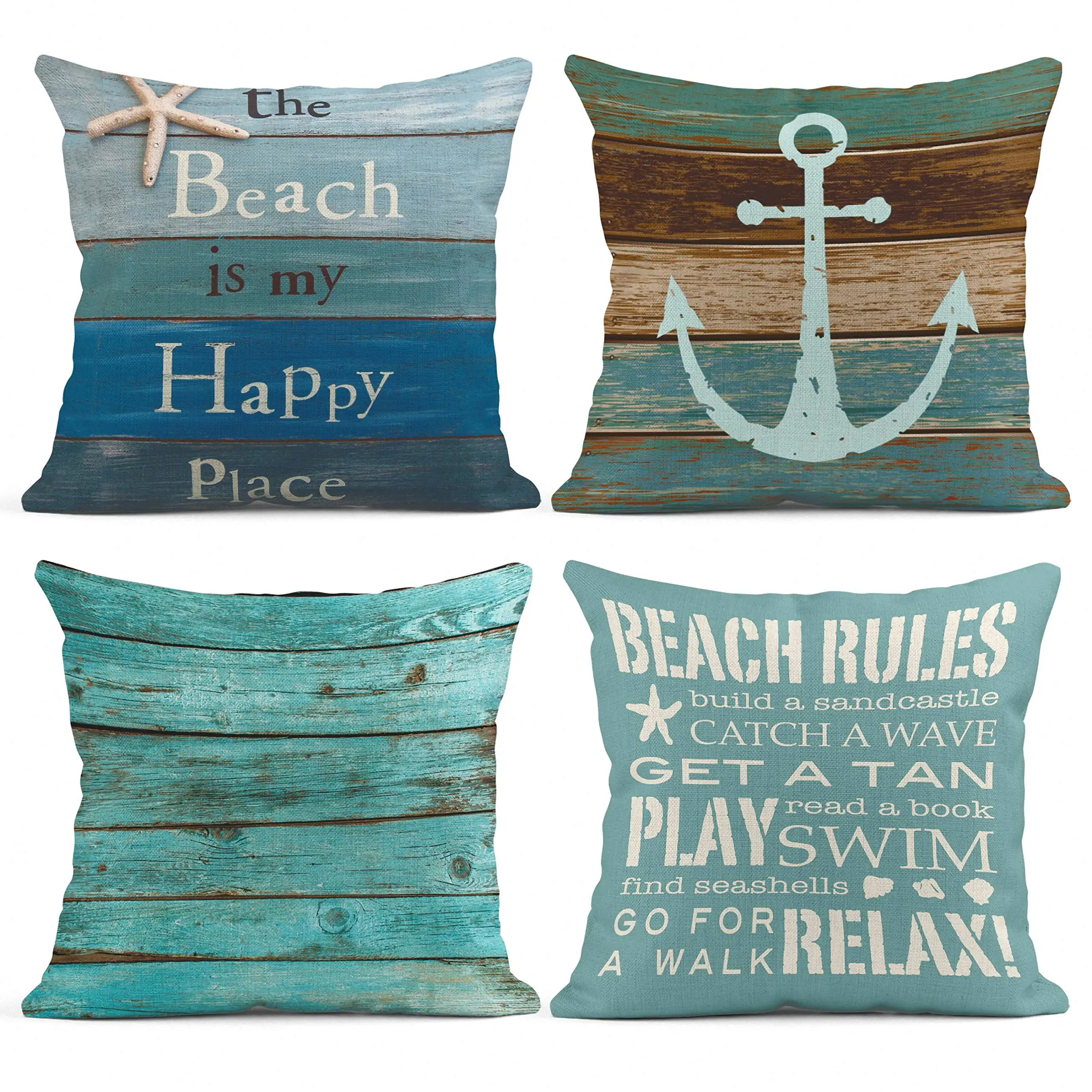 Wood grain marine anchor cyan linen pillowcase sofa cushion cover
