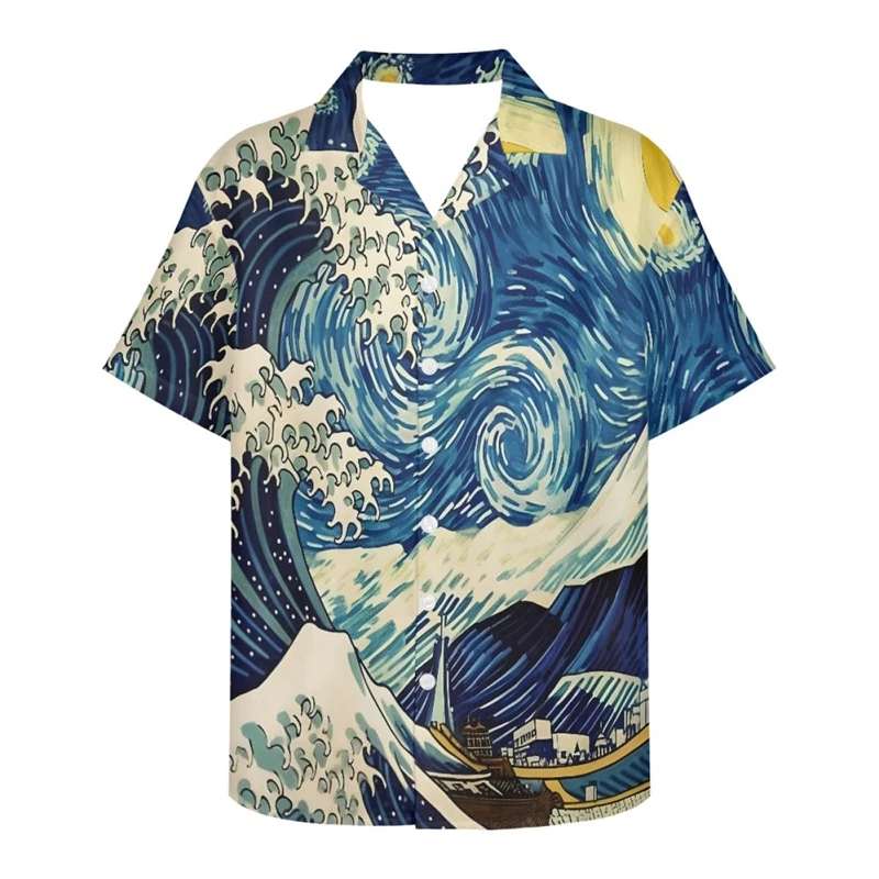 Men's Van Gogh The Great Wave Off Kanagawa 3D Print Casual Button Down Hawaiian Shirts Men Women Blouses Tops Tees Ropa Hombre