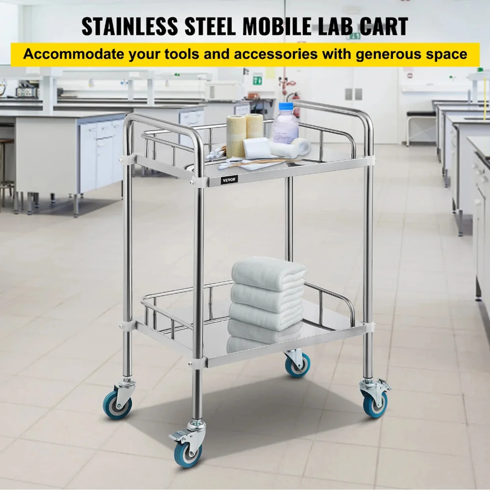Stainless Steel 2 Layer Trolley Rolling Cart Lockable 360&deg; Silent Wheels Utility Cart for Kitchen Salon multi layer storage trolley