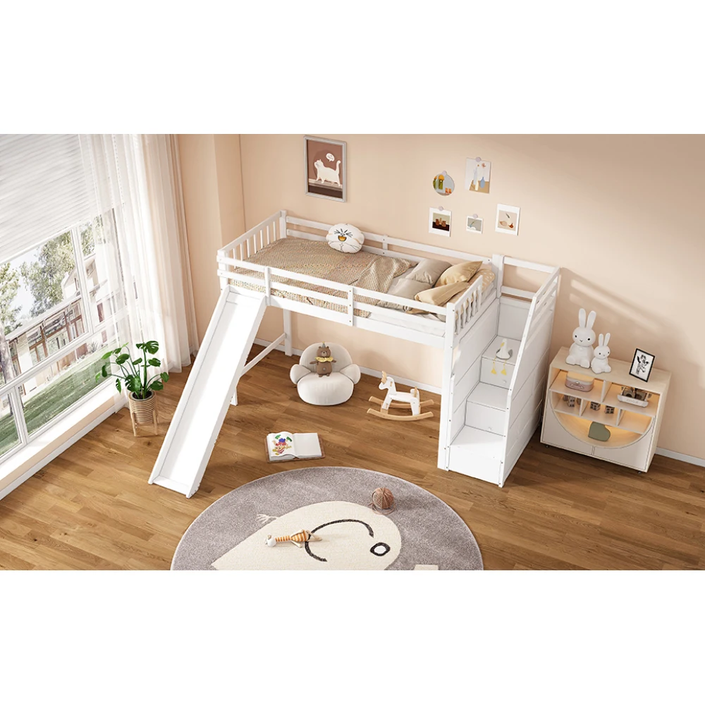 Etagenbett 90 x 200 cm – Sicherheitsbett für Kleinkinder mit Rutsche, abnehmbarem Zaun und optionaler Schienenposition, Stauraum, keine Matratze – Detail 27