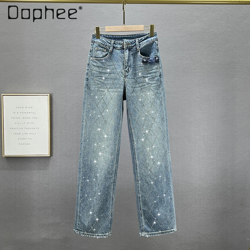 Rhinestone Blue Denim Wide Leg Pants Women 2024 Spring New European Streetwear Woman Jeans Loose High Waisted Slim Mop Trousers rhinestone denim bell bottom pants women s thin spring and summer 2023 elastic high waist slim fit slimming fashionable trousers