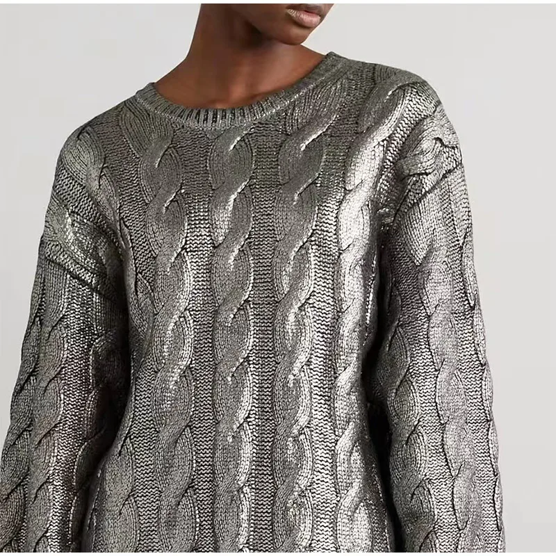 Vintage Knitted O-neck Sweater Women Casual Loose Sliver Long Sleeve Pullover Sweaters Female Winter Chic High Street Knitwear