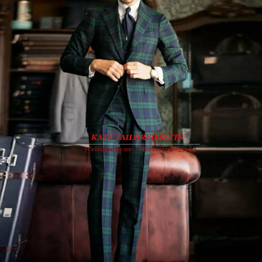 England Business Suits For Men Slim Fit Green Plaid Check 3 Pieces Set Jacket Vest Pants Groom Wear Banquet Party Tuxedo Tailore