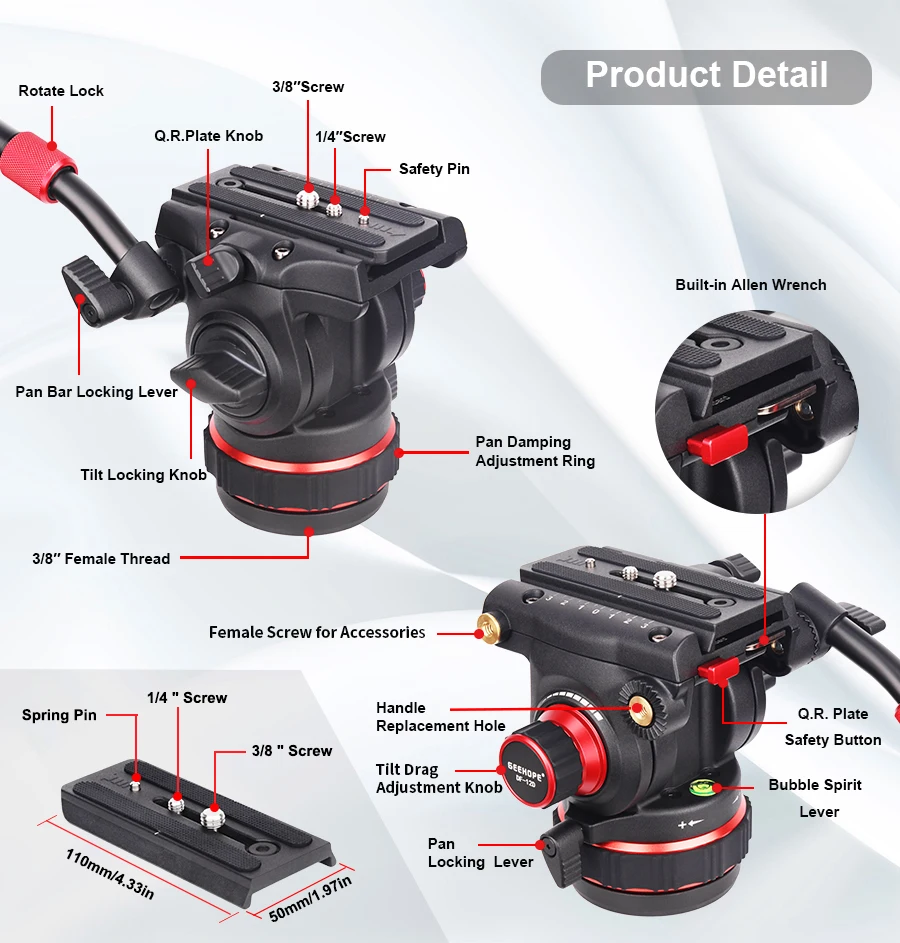 DF-12D Damping Tripod Head Hydraulic Pan Tilt Fluid Head,with Pan Bar Adjustable