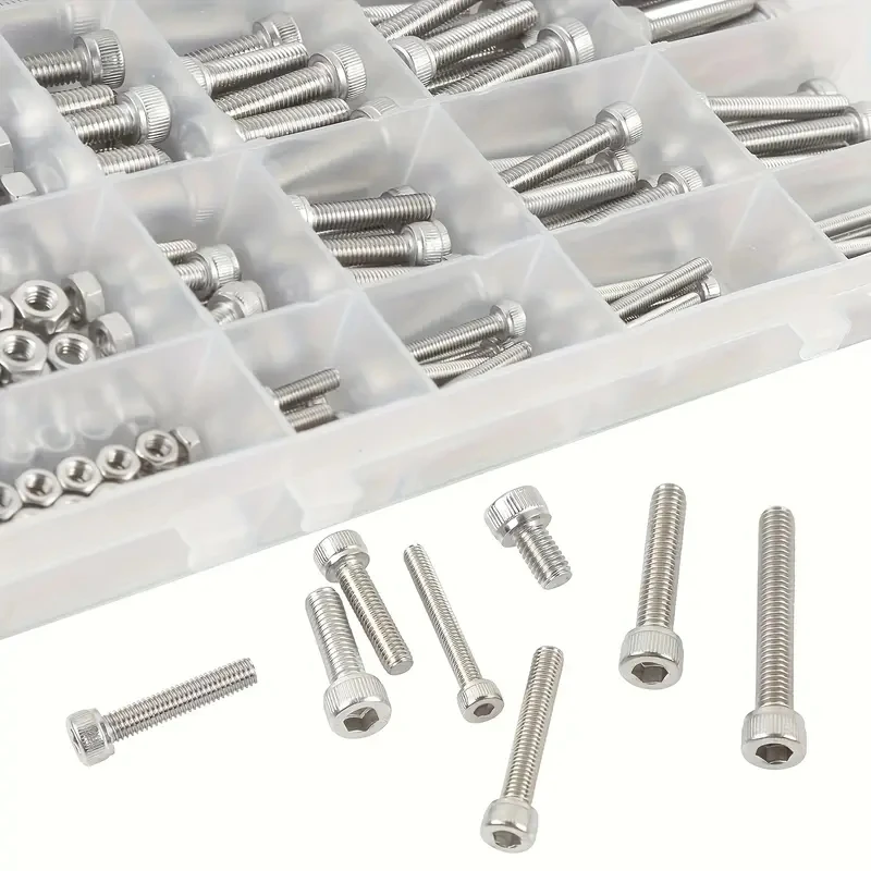 320 stainless steel nut and bolt kits -M3, M4, M5, M6 sizes with hexagonal socket for bicycle, 3D printer and furniture repair