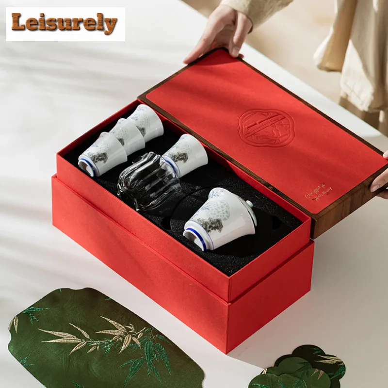 Hand Painted Bamboo Shadow Tea Set Complete Set Elegant Tea Ceremony Set Teapot And Tea Cup Set Cafes Accessories Ornaments Gift