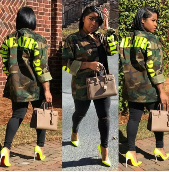 2023 Women's Green Camouflage Long Jackets new Size Long Sleeve Camo Streetwear Coat femme