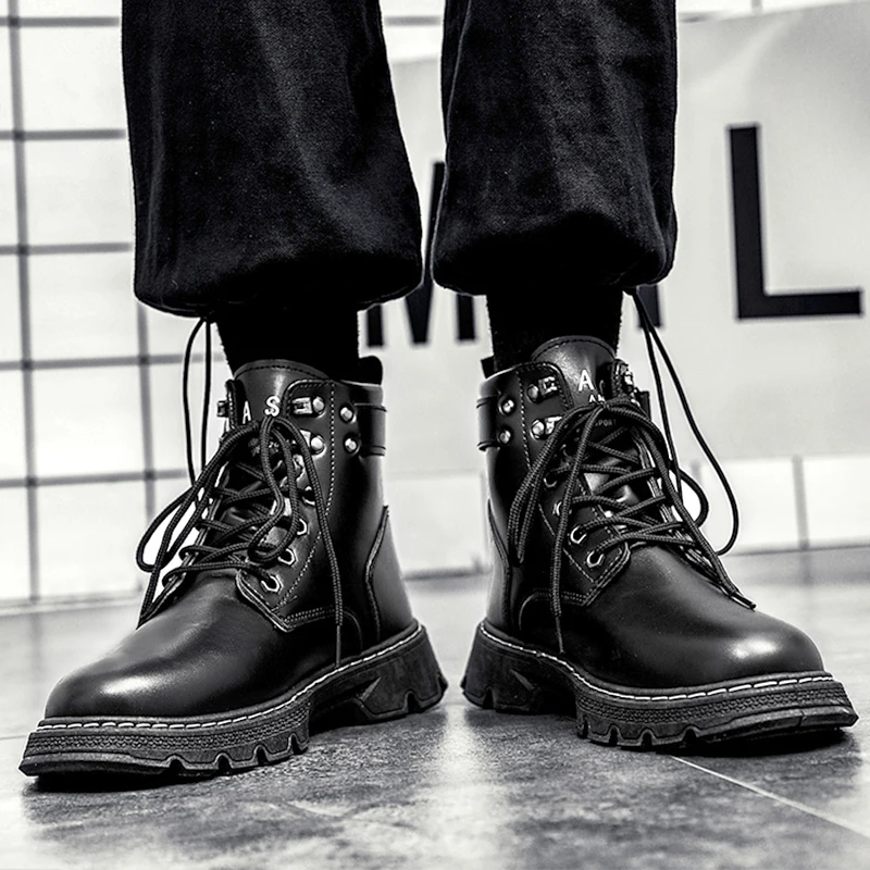 Waterproof Men's Boots Fashion Platform Male Ankle Boots Lace-up Leather Men Boots Outdoor PU Winter Shoes Round Toe Shoes 2023