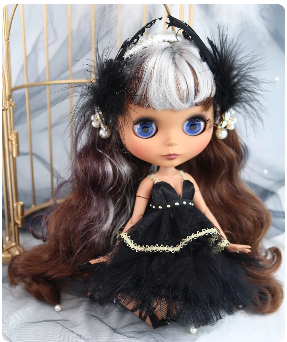 Neo Blythe Doll Elegant Black Net Dress with Feathers Headband 2