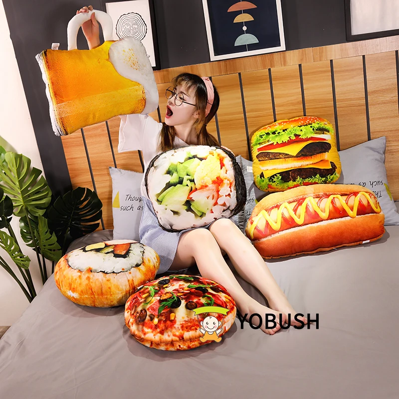 Food Plush Lifelike Snack Pillows 3D Printing Sushi Glass Beer Hot Dog Hamburger Pizza Pillows Cushion Props Grown-up Gift 2