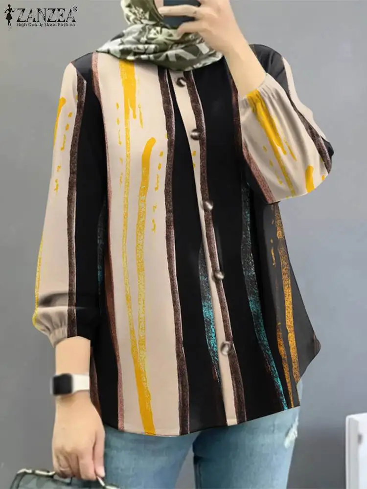 

2023 ZANZEA Fashion Turkey Hijab Muslim Blouse Long Sleeve Printed Tops Femme Islamic Clothing Autumn Woman Casual Holiday Shirt