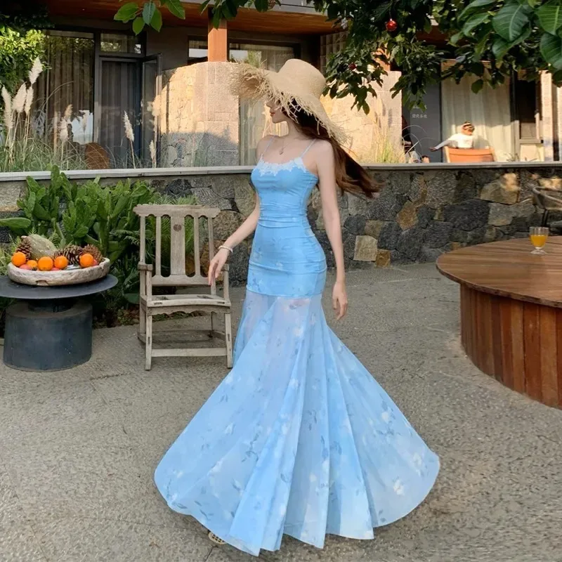 New Mesh Gradient Floral Fish Dress Women Elegant Patchwork Spaghetti Strap Midi Dress Sexy See Through Beach Vacation Vestidos