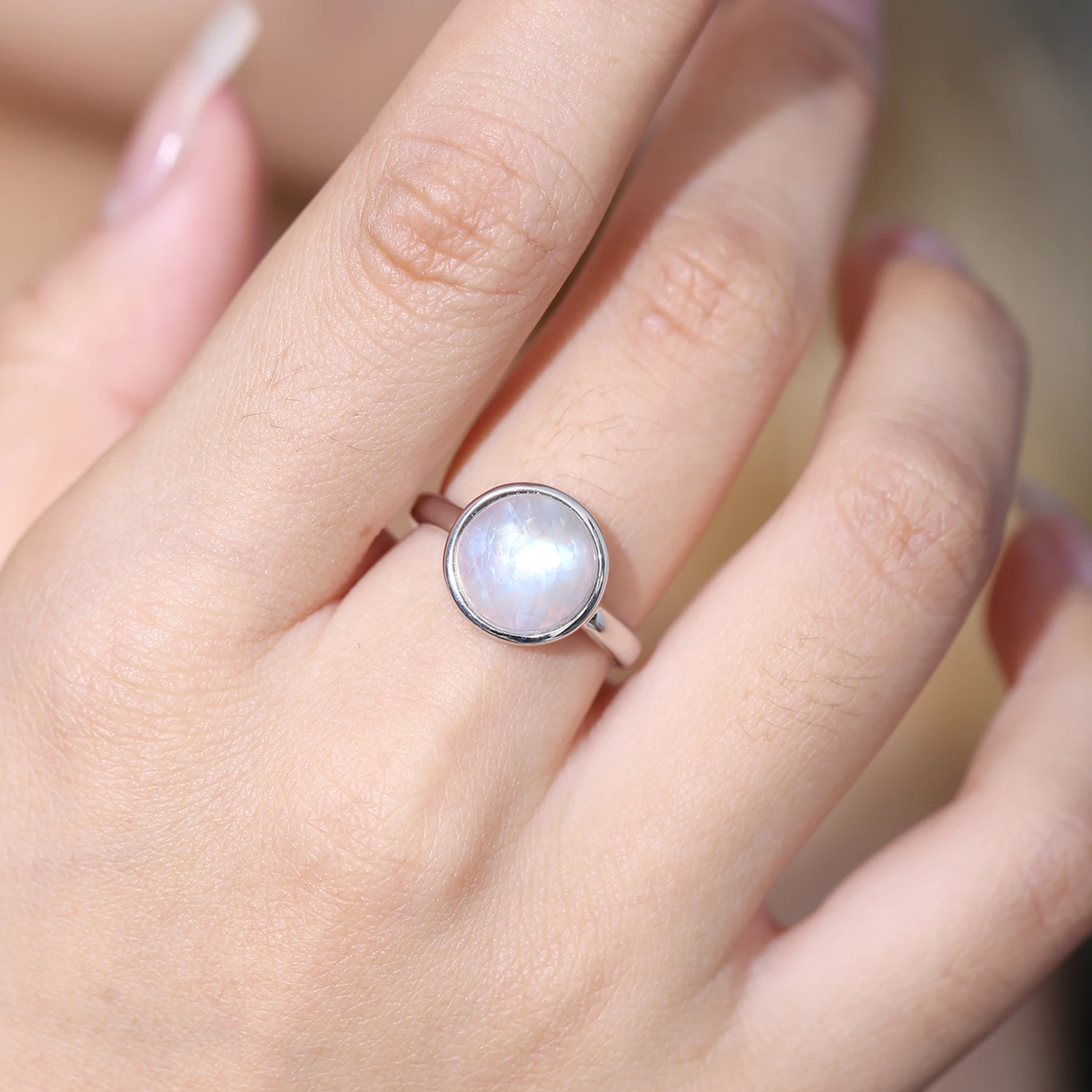 Bague Pierre De Lune Arc-en-ciel En Argent 925 - Pierre Naturelle Ovale, Fait Main - Cadeau Naissance Juin, Anniversaire - 2