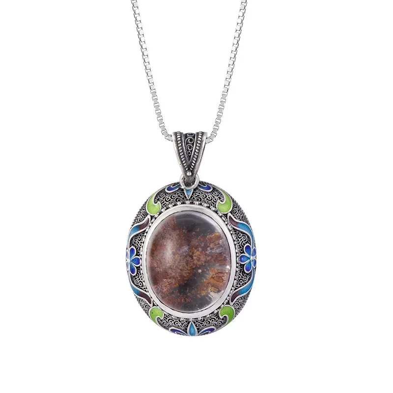 S925 sterling silver pendants for Women New Fashion hollow carving enamel pattern natural Ghost crystal jewelry free shipping