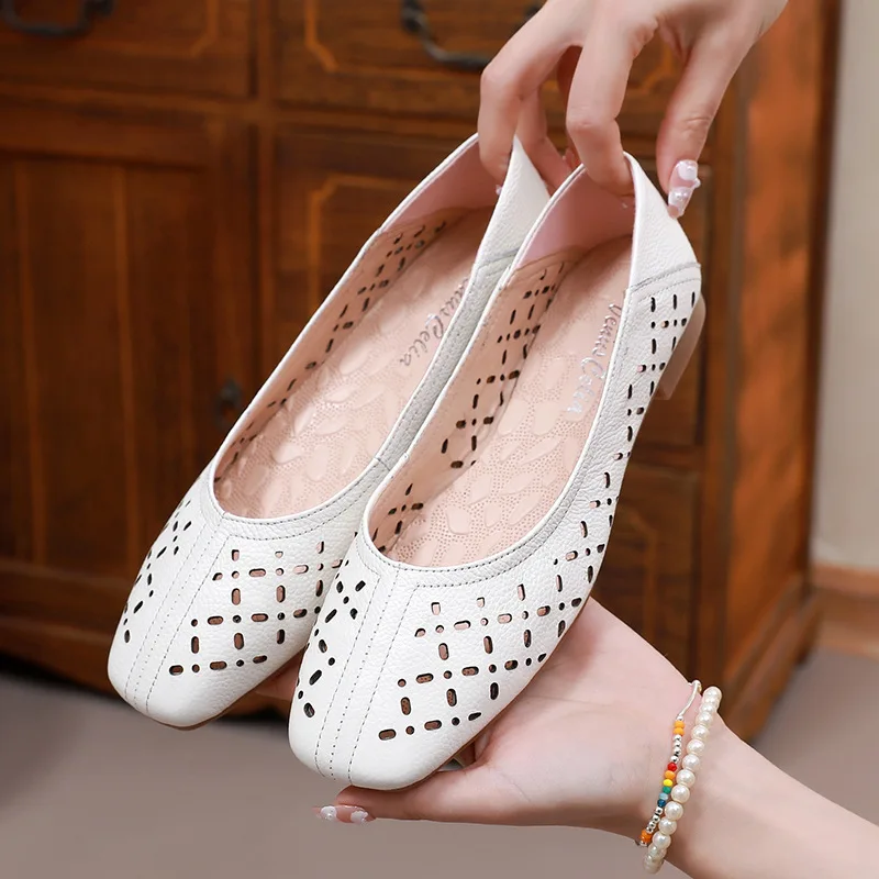 Women Shoes Leather Loafers Square Toe Slip On Flat Shoes Women Soft Bottom Hollow Out Shoes Women Breathable Casual Shoes
