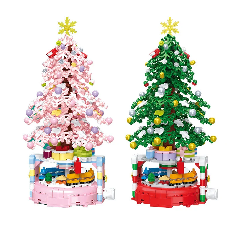 

2024 Winter Village Christmas Creative Rotating Christmas Tree Atmosphere Decoration Building Blocks Bricks Toys Gifts